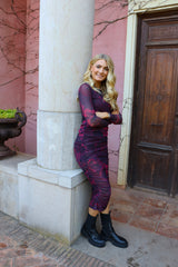 MESH LS LONG DRESS - BLACK BORDEAUX FLOWER