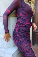 MESH LS LONG DRESS - BLACK BORDEAUX FLOWER