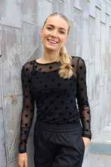 MESH LS TSHIRT - BLACK BIG FLOCK DOT