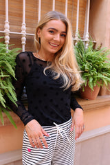 MESH LS TSHIRT - BLACK BIG FLOCK DOT