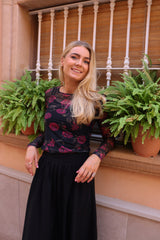 MESH LS TSHIRT - BLACK PINK ROSE