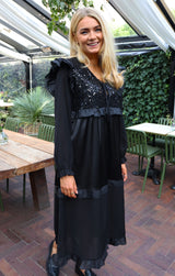 NOR LS FRILL DRESS - BLACK SEQUINS