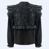 NOR LS FRILL BLOUSE - BLACK SEQUINS