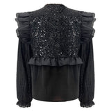 NOR LS FRILL BLOUSE - BLACK SEQUINS