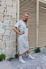 ALMA-TSHIRT-DRESS - SAND IVORY STRIPE