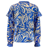 TIA-LS-FRILL BLOUSE - COBOLT BLUE MIX