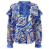 TIA-LS-FRILL BLOUSE - COBOLT BLUE MIX