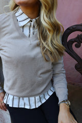 FLORA LS BLOUSE - IVORY BLACK STRIPE