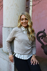 FLORA LS BLOUSE - IVORY BLACK STRIPE