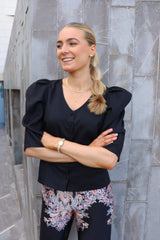 WINNIE V BUTTON BLOUSE - BLACK