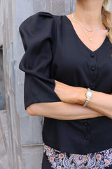 WINNIE V BUTTON BLOUSE - BLACK