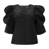 WINNIE V BUTTON BLOUSE - BLACK