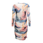 MESH LS LONG DRESS - BLUE PEACH GOLD MARBLE