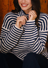 Sara LS Zip Cardigan – Navy Creme Stripe