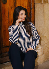 Sara LS Zip Cardigan – Navy Creme Stripe