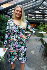 SOL LS WRAP DRESS - BLACK LAVENDER FLOWER