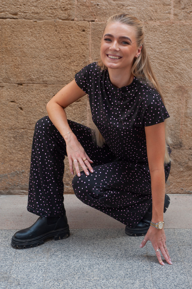 ALMA-WIDE-PANTS - BLACK PINK HOLOGRAPHIC DOT