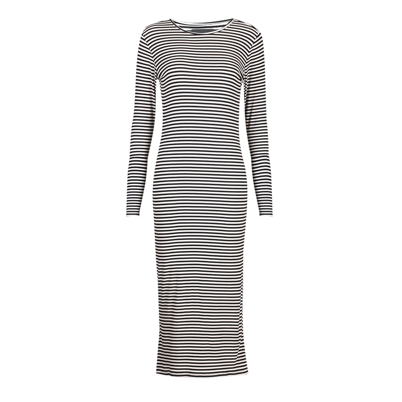 NATALIA-LS-DRESS - BLACK CREME SMALL STRIPE