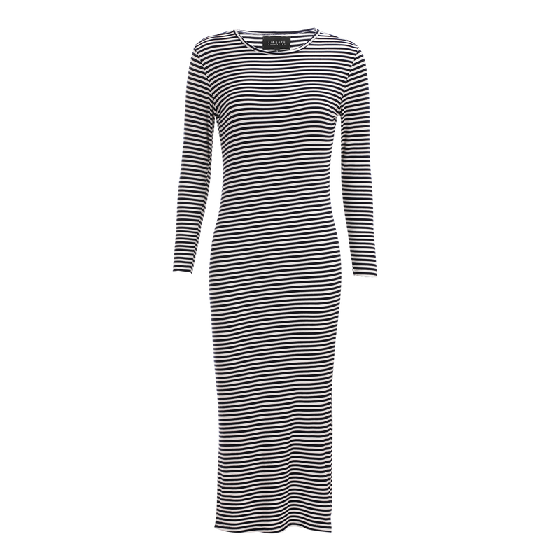 NATALIA-LS-DRESS - NAVY CREME SMALL STRIPE