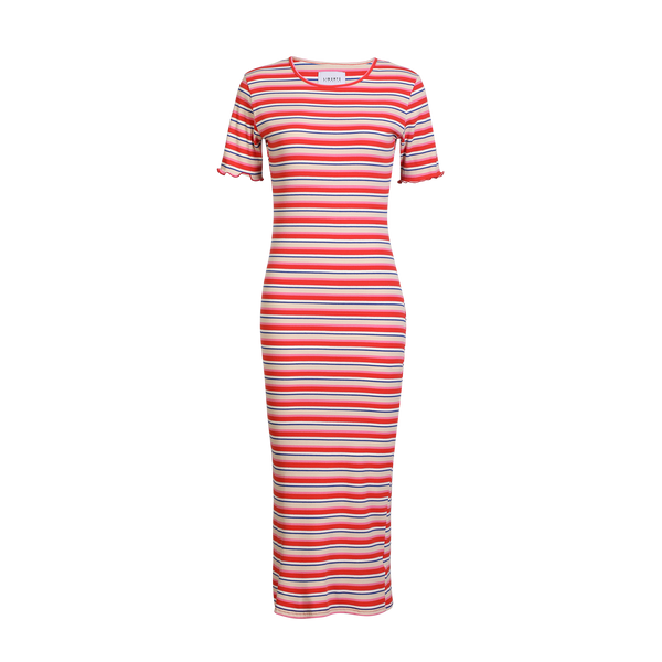 NATALIA-SS-DRESS - CREME ORANGE BLUE STRIPE