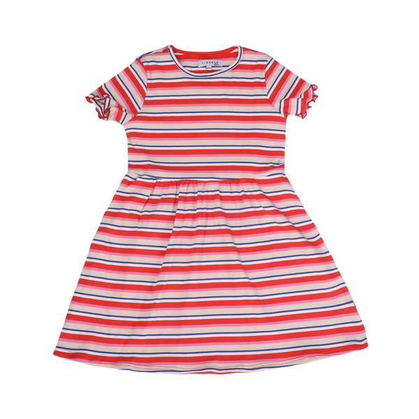 NATALIA-SS-DRESS-KIDS - CREME ORANGE BLUE STRIPE