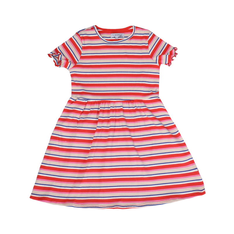NATALIA-SS-DRESS-KIDS - CREME ORANGE BLUE STRIPE
