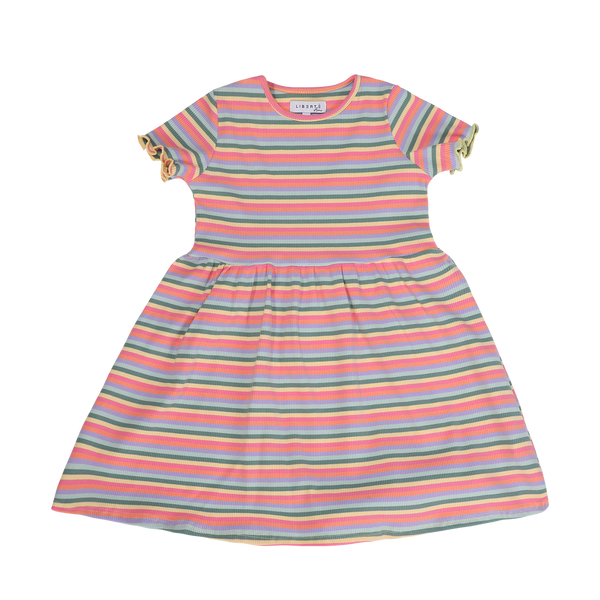 NATALIA-SS-DRESS-KIDS - MULTI ORANGE PINK STRIPE