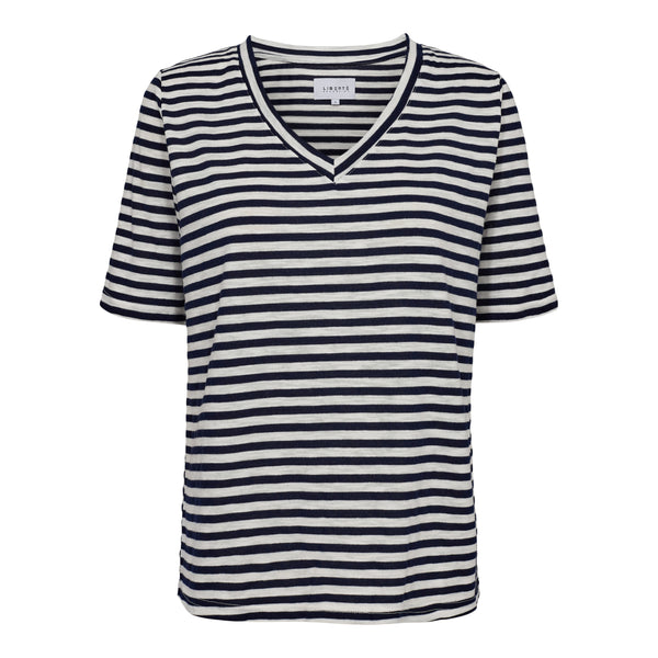 ULLA-SS-VNECK-STRIPE-TSHIRT - NAVY WHITE STRIPE