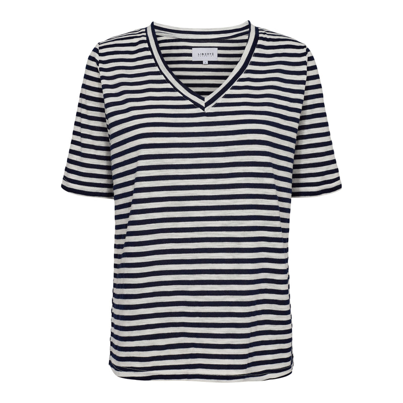 ULLA-SS-VNECK-STRIPE-TSHIRT - NAVY WHITE STRIPE