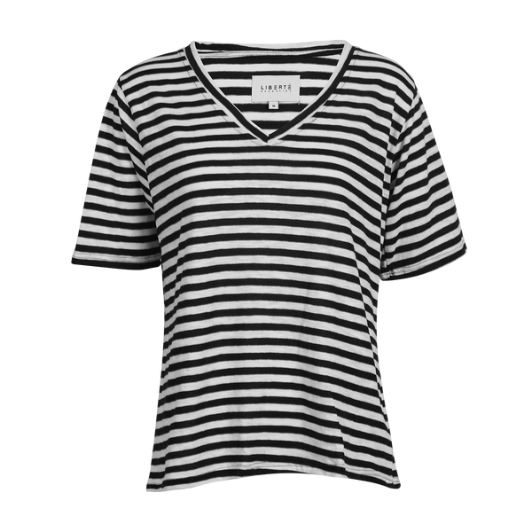 ULLA-SS-VNECK-STRIPE-TSHIRT - BLACK WHITE STRIPE