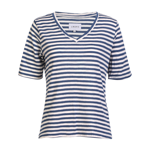 ULLA-SS-VNECK-STRIPE-TSHIRT - DENIM BLUE WHITE STRIPE