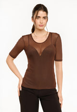 MESH SS TSHIRT, DOT - DARK BROWN