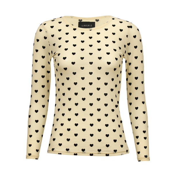 MESH LS TSHIRT - IVORY BLACK FLOCK HEART