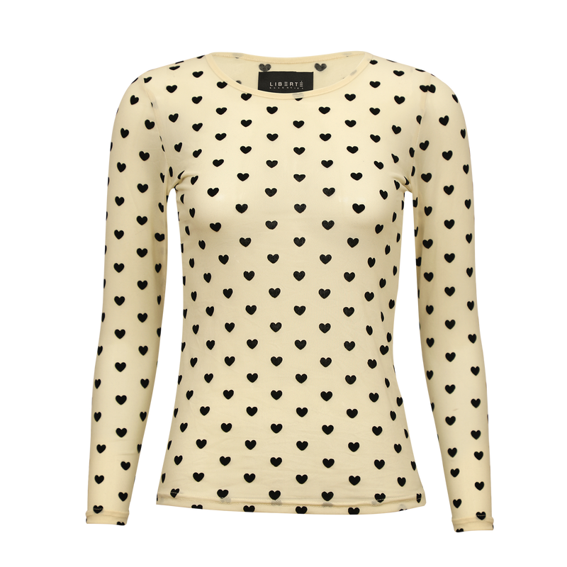 MESH LS TSHIRT - IVORY BLACK FLOCK HEART