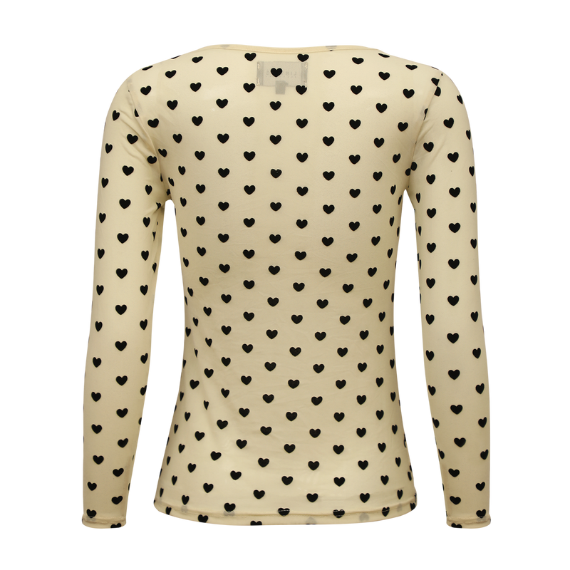 MESH LS TSHIRT - IVORY BLACK FLOCK HEART