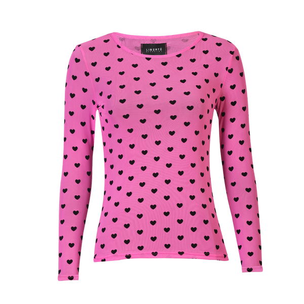 MESH LS TSHIRT - PINK BLACK FLOCK HEART