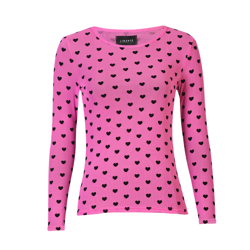 MESH LS TSHIRT - PINK BLACK FLOCK HEART
