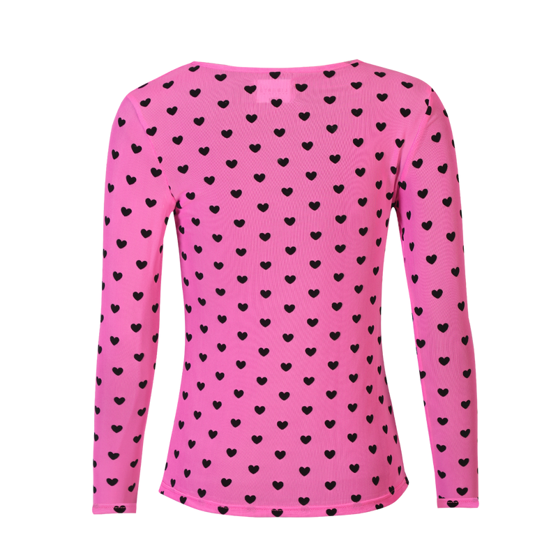MESH LS TSHIRT - PINK BLACK FLOCK HEART