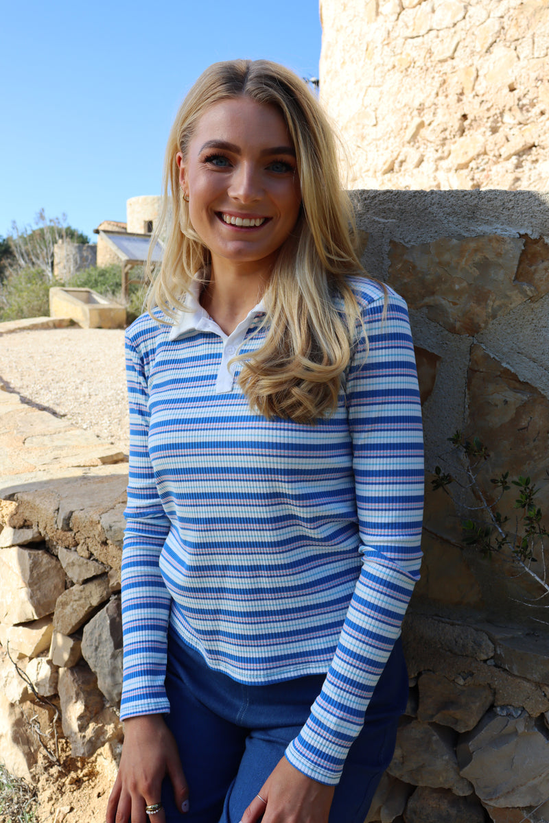 NATALIA-LS-POLO-BLOUSE - BLUE WHITE ROSE STRIPE