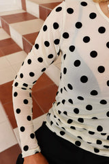 MESH LS TSHIRT - IVORY BLACK BIG FLOCK DOT