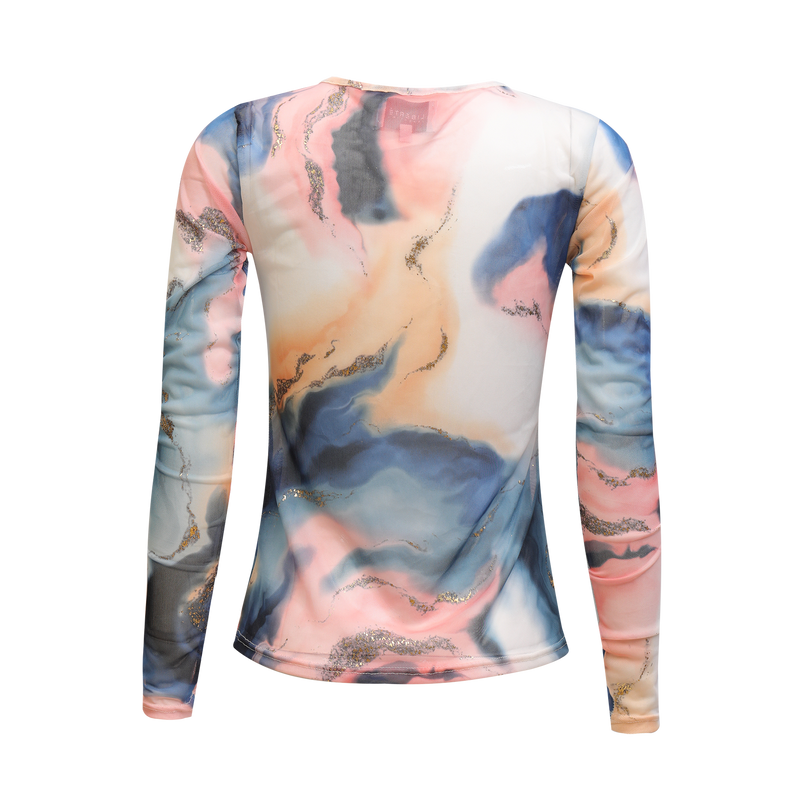MESH LS TSHIRT - BLUE PEACH GOLD MARBLE