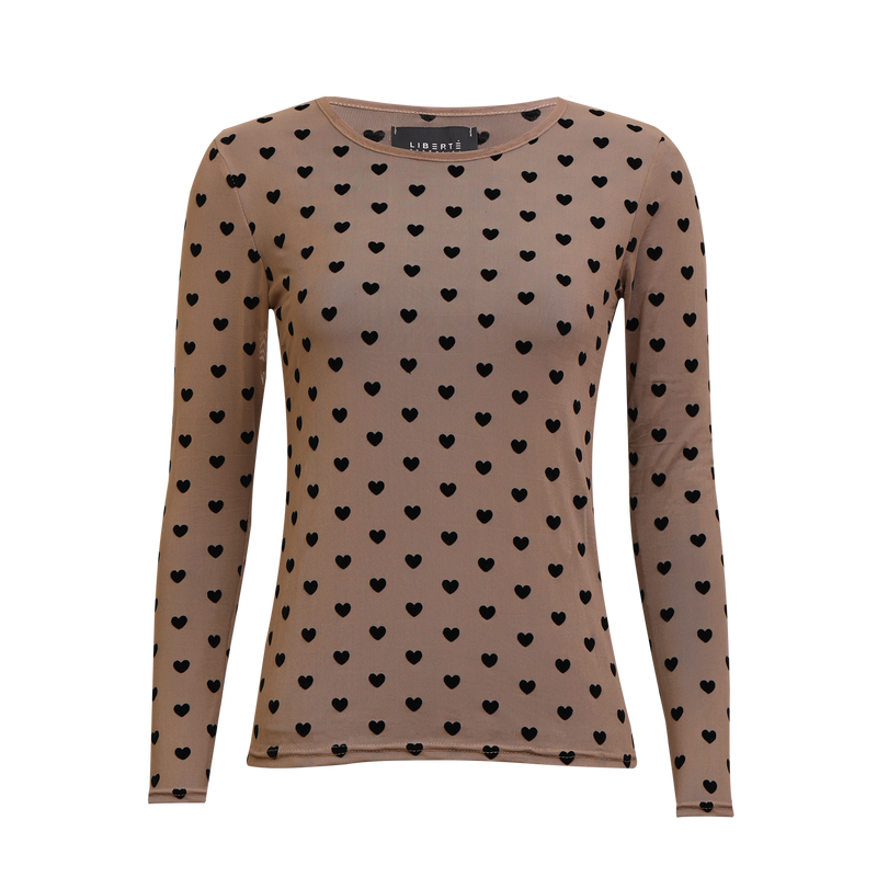 MESH LS TSHIRT - SAND BLACK FLOCK HEART