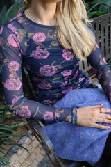 MESH LS TSHIRT - NAVY PINK ROSE