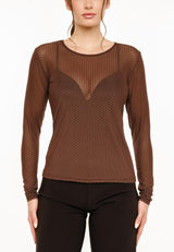 MESH LS TSHIRT, DOT - DARK BROWN