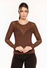 MESH LS TSHIRT, DOT - DARK BROWN