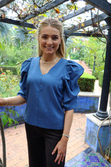 WINNIE VNECK BLOUSE - DUSTY BLUE