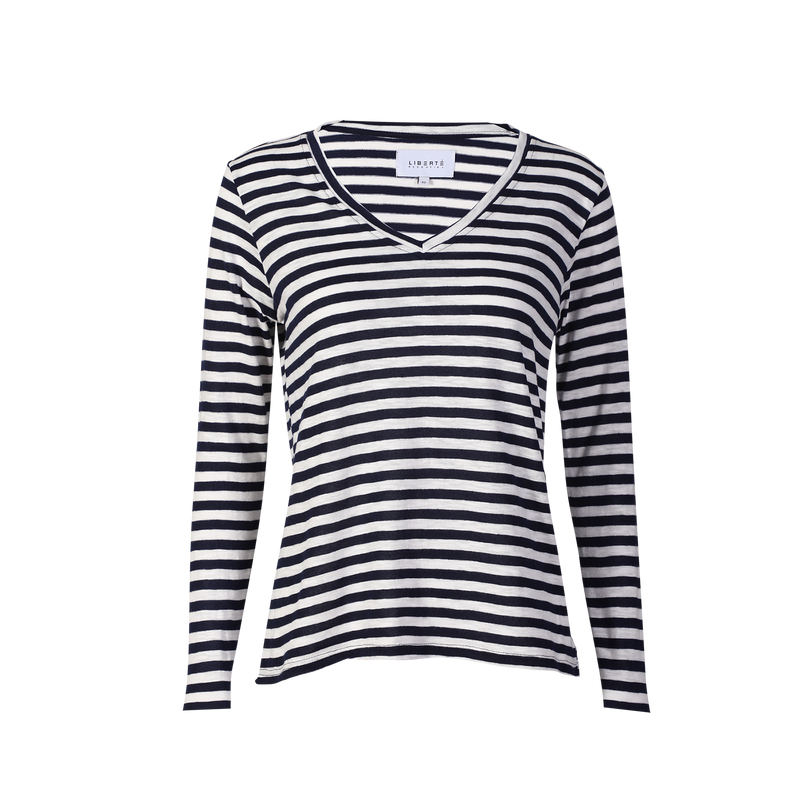 ULLA-LS-VNECK-STRIPE-TSHIRT - COBOLT WHITE STRIPE