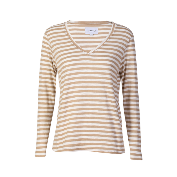 ULLA-LS-VNECK-STRIPE-TSHIRT - SAND WHITE STRIPE