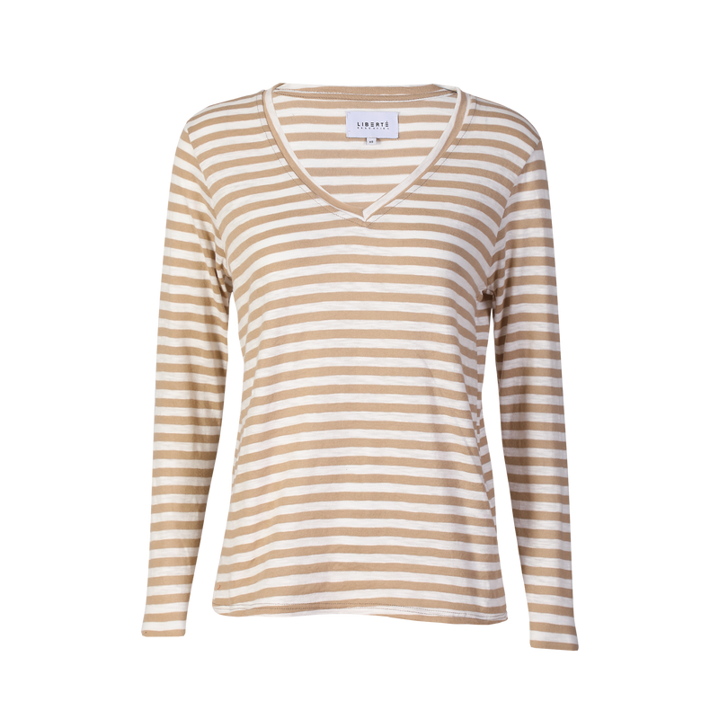 ULLA-LS-VNECK-STRIPE-TSHIRT - SAND WHITE STRIPE