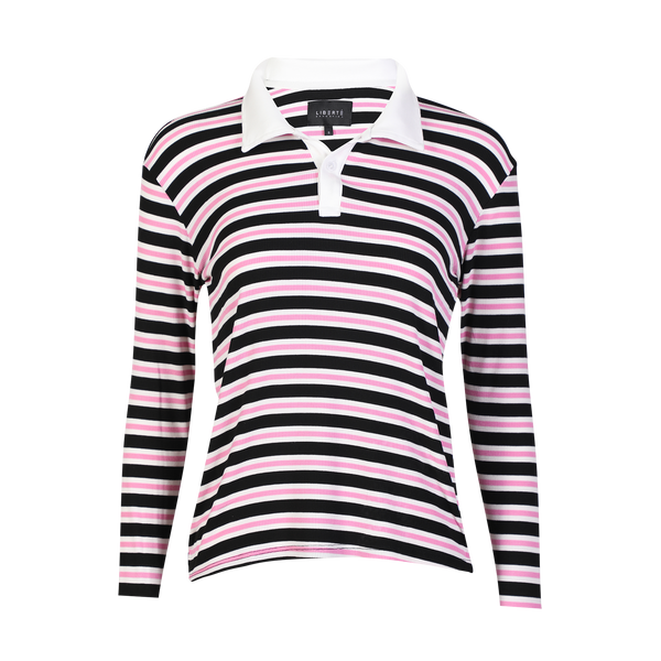 NATALIA-LS-POLO-BLOUSE - BLACK BUBBLEGUM WHITE STRIPE